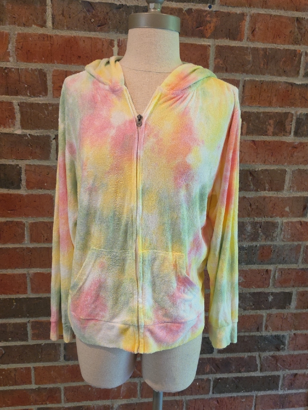 VENUS Pink And Yellow Tie Dye Zip Up Terry Cloth Hoodie Small EUC